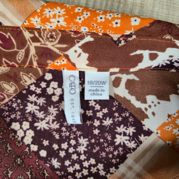 Cato Patchwork Floral Top Women Size 18/20W Orange Sheer Bohemian Preppy Fall - Picture 4 of 9